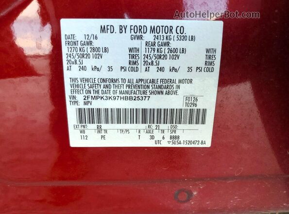 2FMPK3K97HBB25377 2017 FORD EDGE Burgundy Вид підкапотного простору