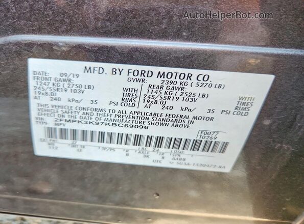 2FMPK3K97KBC69096 2019 FORD EDGE Gray VIN կոդի պիտակի տեսք