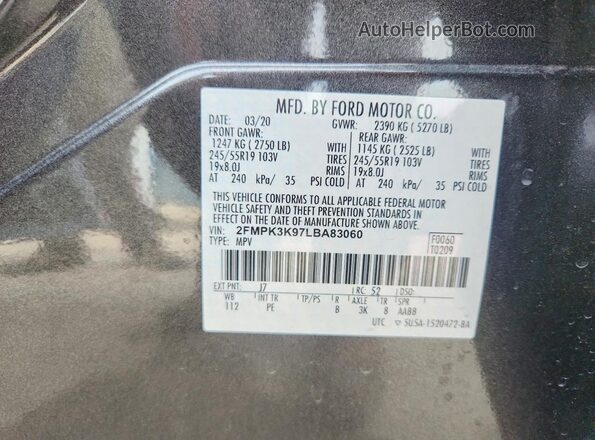 2FMPK3K97LBA83060 2020 FORD EDGE Charcoal Вид наклейки з VIN-кодом