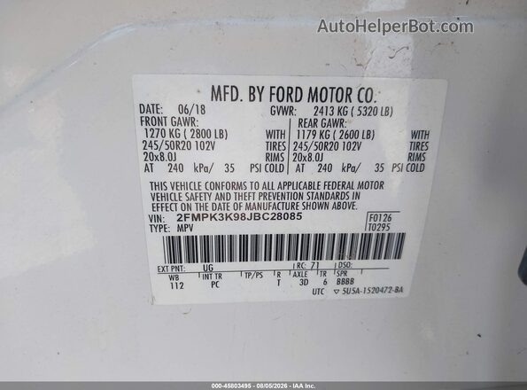 2FMPK3K98JBC28085 2018 FORD EDGE White Widok komory silnika
