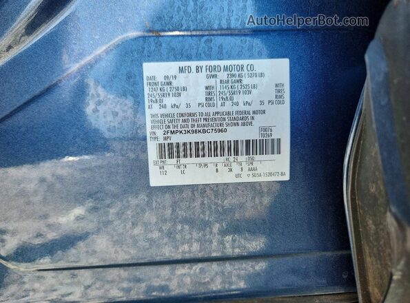 2FMPK3K98KBC75960 2019 FORD EDGE Blue Vista de la etiqueta del VIN
