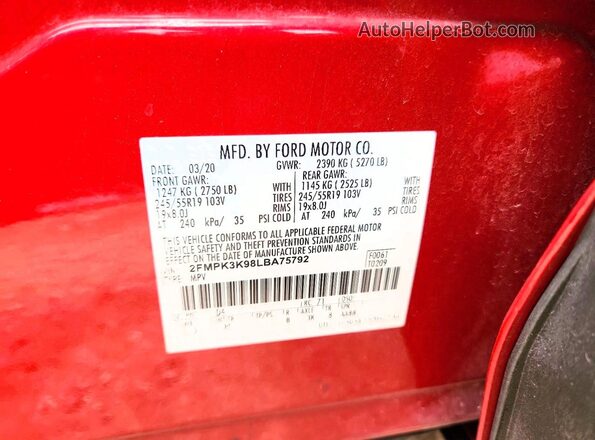 2FMPK3K98LBA75792 2020 FORD EDGE Maroon Widok naklejki z numerem VIN