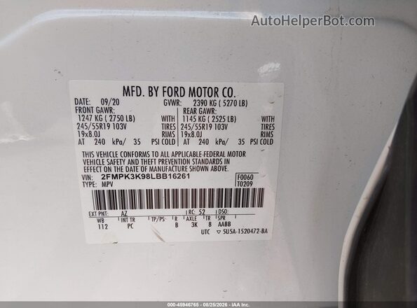 2FMPK3K98LBB16261 2020 FORD EDGE Белый Вид подкапотного пространства