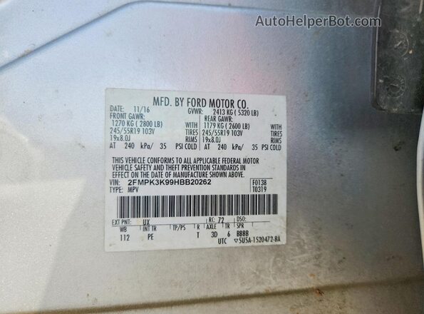 2FMPK3K99HBB20262 2017 FORD EDGE Silver VIN sticker view