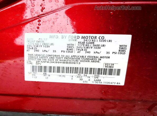 2FMPK3K99HBB50913 2017 FORD EDGE Red 360 interior view