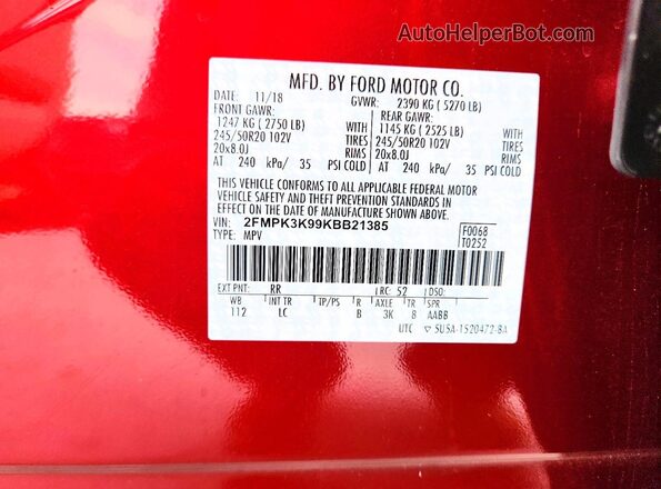 2FMPK3K99KBB21385 2019 FORD EDGE Красный Панорамный вид салона 360°