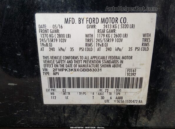 2FMPK3K9XGBB83031 2016 FORD EDGE Черный Вид подкапотного пространства