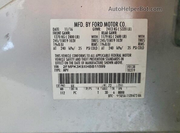 2FMPK3K9XHBB11599 2017 FORD EDGE Silver VIN sticker view
