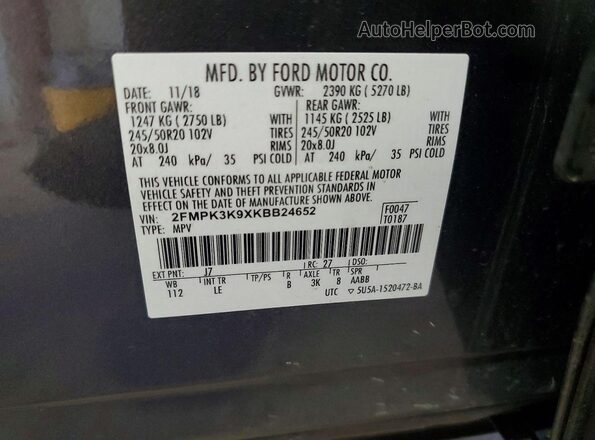 2FMPK3K9XKBB24652 2019 FORD EDGE Gray Engine compartment view