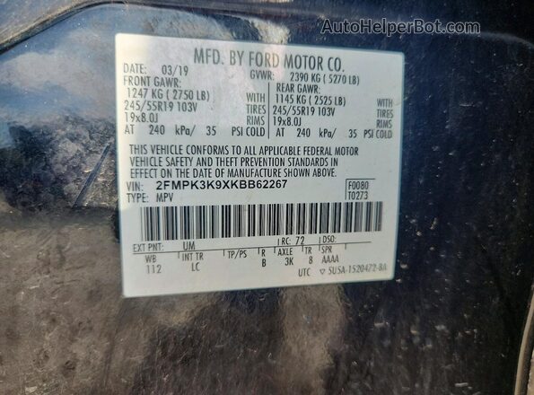 2FMPK3K9XKBB62267 2019 FORD EDGE Black Widok naklejki z numerem VIN
