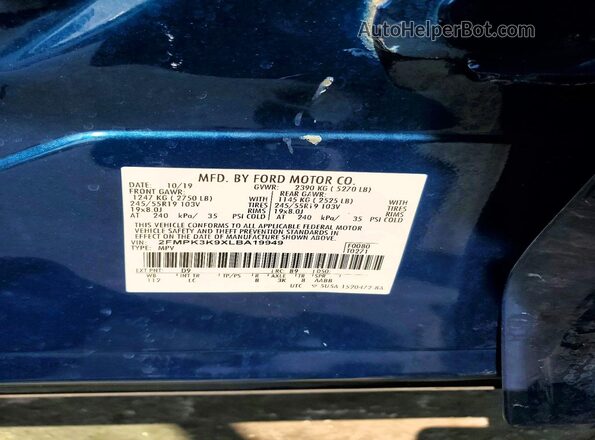 2FMPK3K9XLBA19949 2020 FORD EDGE Синий Вид наклейки с VIN-кодом