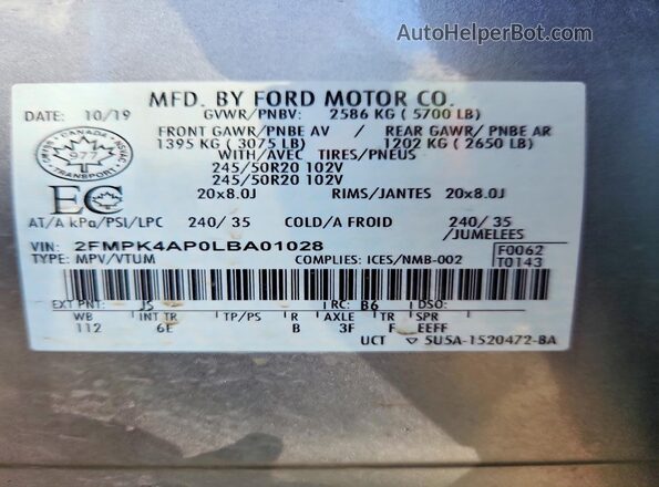 2FMPK4AP0LBA01028 2020 FORD EDGE Silver Widok wnętrza 360 stopni