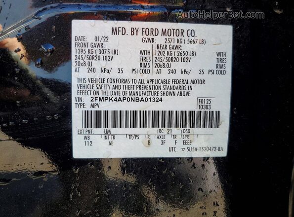 2FMPK4AP0NBA01324 2022 FORD EDGE Black VIN კოდის სტიკერის ხედი