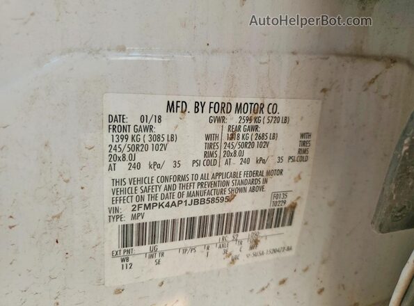 2FMPK4AP1JBB58595 2018 FORD EDGE White VIN კოდის სტიკერის ხედი