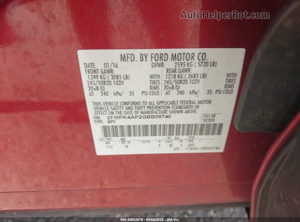 2FMPK4AP2GBB09740 2016 FORD EDGE Red Widok komory silnika