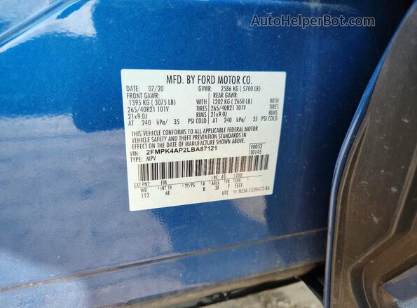2FMPK4AP2LBA87121 2020 FORD EDGE Blue Вид наклейки з VIN-кодом