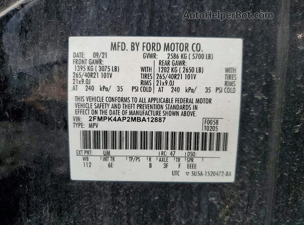 2FMPK4AP2MBA12887 2021 FORD EDGE Black Вид наклейки з VIN-кодом
