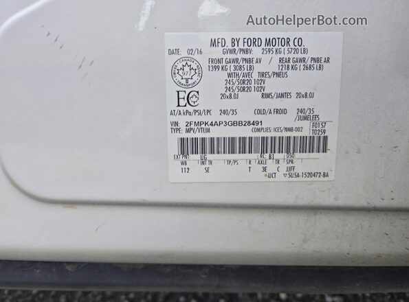 2FMPK4AP3GBB28491 2016 FORD EDGE White Widok naklejki z numerem VIN