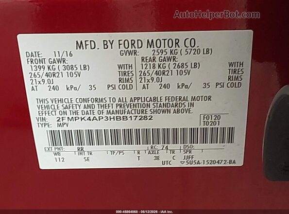 2FMPK4AP3HBB17282 2017 FORD EDGE Red Вид підкапотного простору