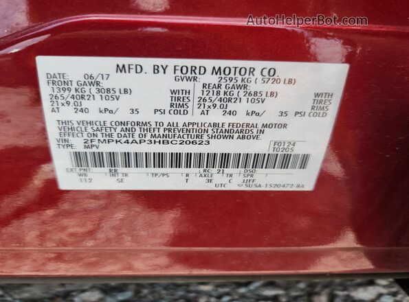 2FMPK4AP3HBC20623 2017 FORD EDGE Red სალონის 360-გრადუსიანი ხედი