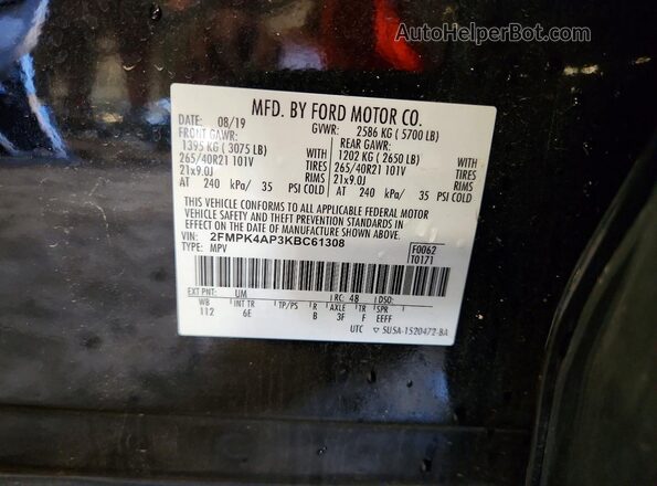 2FMPK4AP3KBC61308 2019 FORD EDGE Black Панорамний вид салону 360°