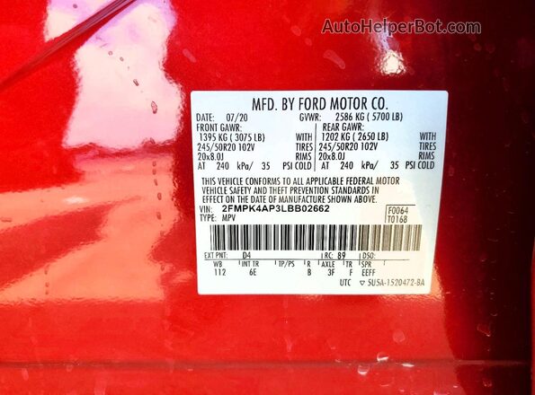 2FMPK4AP3LBB02662 2020 FORD EDGE Red VIN կոդի պիտակի տեսք