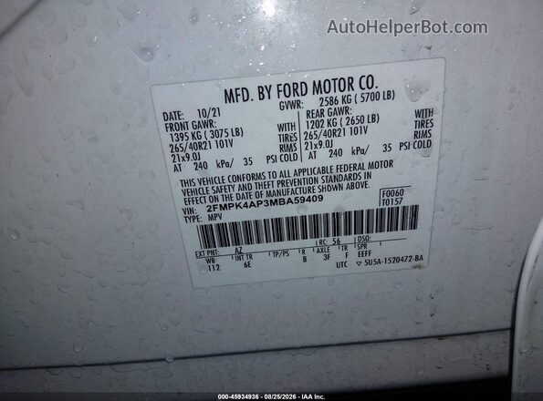 2FMPK4AP3MBA59409 2021 FORD EDGE Белый Вид подкапотного пространства