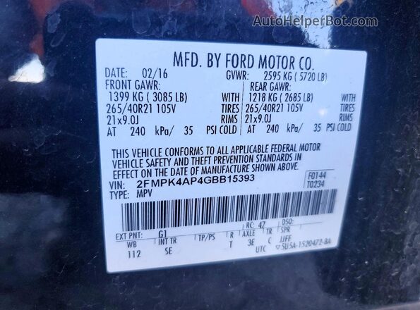 2FMPK4AP4GBB15393 2016 FORD EDGE Black VIN კოდის სტიკერის ხედი