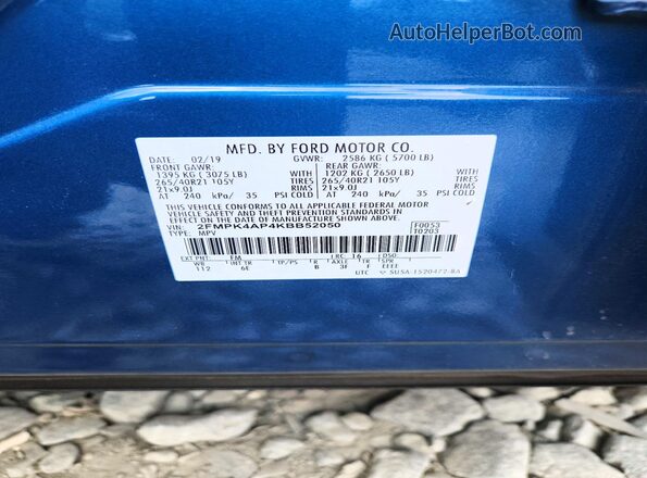 2FMPK4AP4KBB52050 2019 FORD EDGE Синий Вид подкапотного пространства