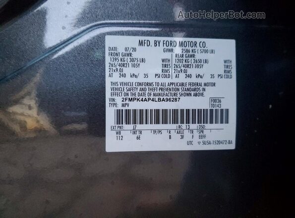 2FMPK4AP4LBA96287 2020 FORD EDGE Gray Вид наклейки з VIN-кодом