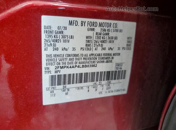 2FMPK4AP4LBB03982 2020 FORD EDGE Red VIN კოდის სტიკერის ხედი