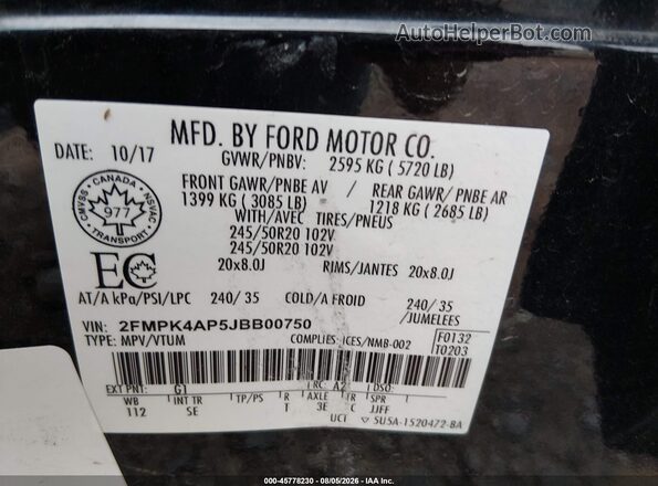 2FMPK4AP5JBB00750 2018 FORD EDGE White Вид підкапотного простору