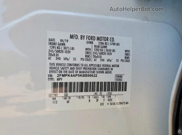 2FMPK4AP5KBB99622 2019 FORD EDGE White Вид наклейки з VIN-кодом