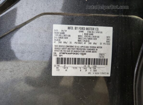 2FMPK4AP5KBC15690 2019 FORD EDGE Gray 360 interior view