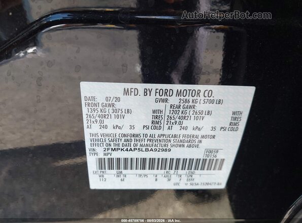 2FMPK4AP5LBA92989 2020 FORD EDGE Black Вид підкапотного простору
