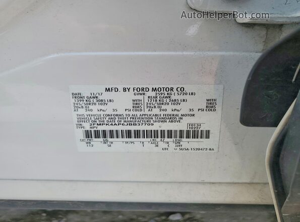 2FMPK4AP6JBB37709 2018 FORD EDGE White Vista interior de 360 grados