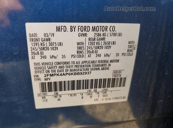 2FMPK4AP6KBB92937 2019 FORD EDGE Blue Вид підкапотного простору