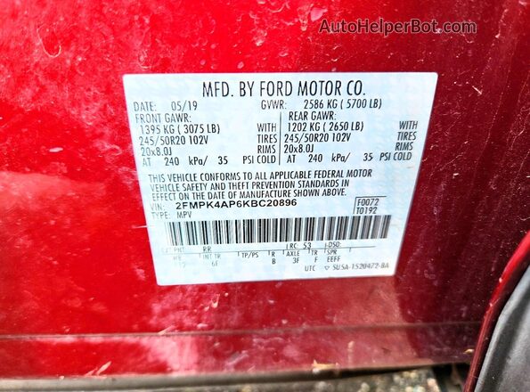 2FMPK4AP6KBC20896 2019 FORD EDGE Red VIN կոդի պիտակի տեսք
