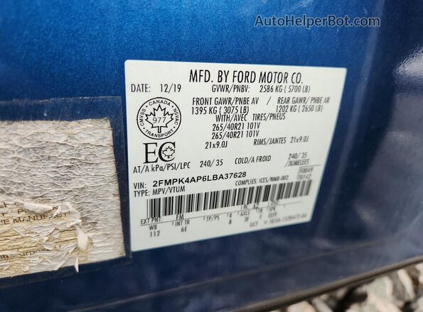 2FMPK4AP6LBA37628 2020 FORD EDGE Blue Widok wnętrza 360 stopni
