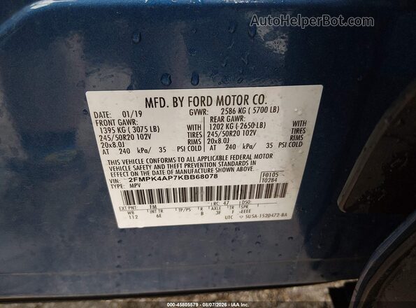 2FMPK4AP7KBB68078 2019 FORD EDGE Blue Вид підкапотного простору