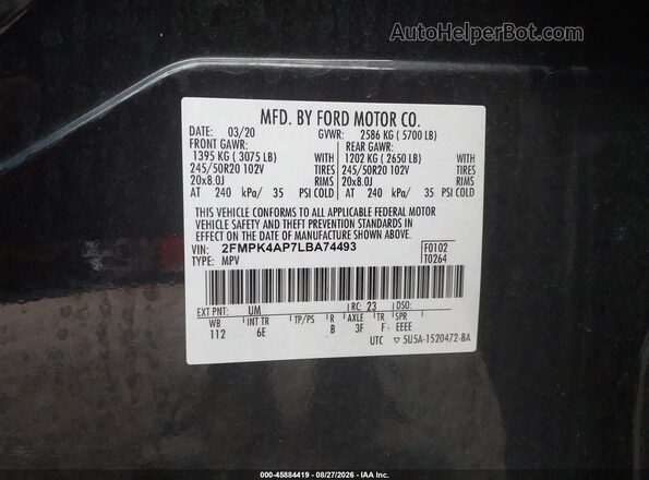 2FMPK4AP7LBA74493 2020 FORD EDGE Black Widok naklejki z numerem VIN