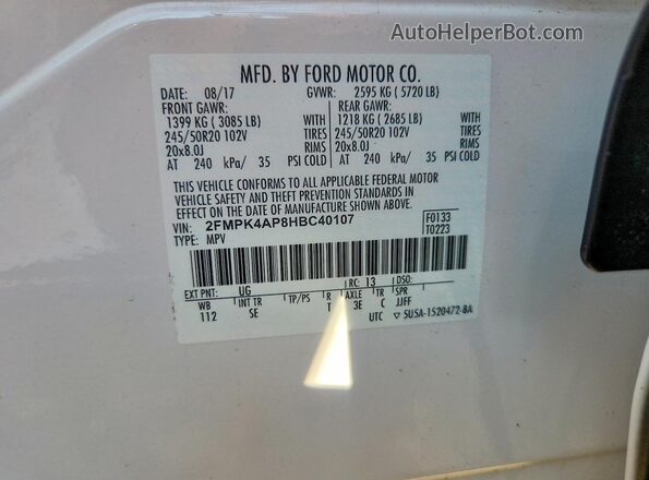 2FMPK4AP8HBC40107 2017 FORD EDGE White VIN կոդի պիտակի տեսք