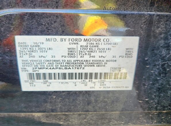 2FMPK4AP8LBA17672 2020 FORD EDGE Черный Панорамный вид салона 360°
