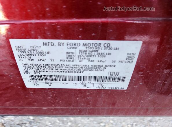 2FMPK4AP9HBB56247 2017 FORD EDGE Maroon 360 interior view