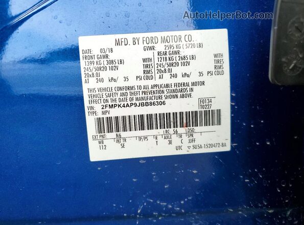 2FMPK4AP9JBB86306 2018 FORD EDGE Blue Vista del compartimento del motor