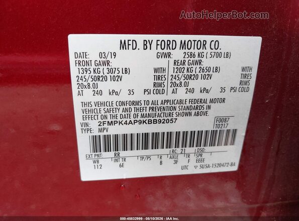 2FMPK4AP9KBB92057 2019 FORD EDGE Красный Вид подкапотного пространства