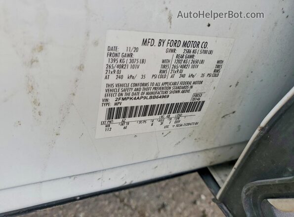 2FMPK4AP9LBB64969 2020 FORD EDGE White VIN sticker view