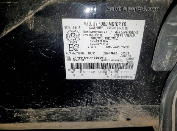 2FMPK4APXHBB99611 2017 FORD EDGE Black Vista de la etiqueta del VIN