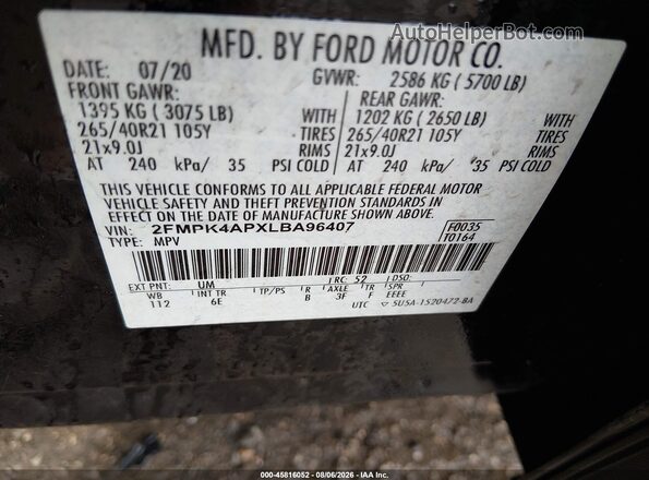 2FMPK4APXLBA96407 2020 FORD EDGE Black Vista del compartimento del motor