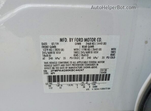 2FMPK4G90KBC44247 2019 FORD EDGE White Vista de la etiqueta del VIN